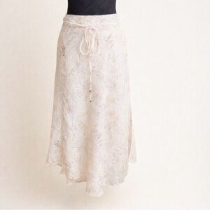 Three Dots Women Medium 100% Linen Wrap Skirt Cream Floral Midi Cottagecore